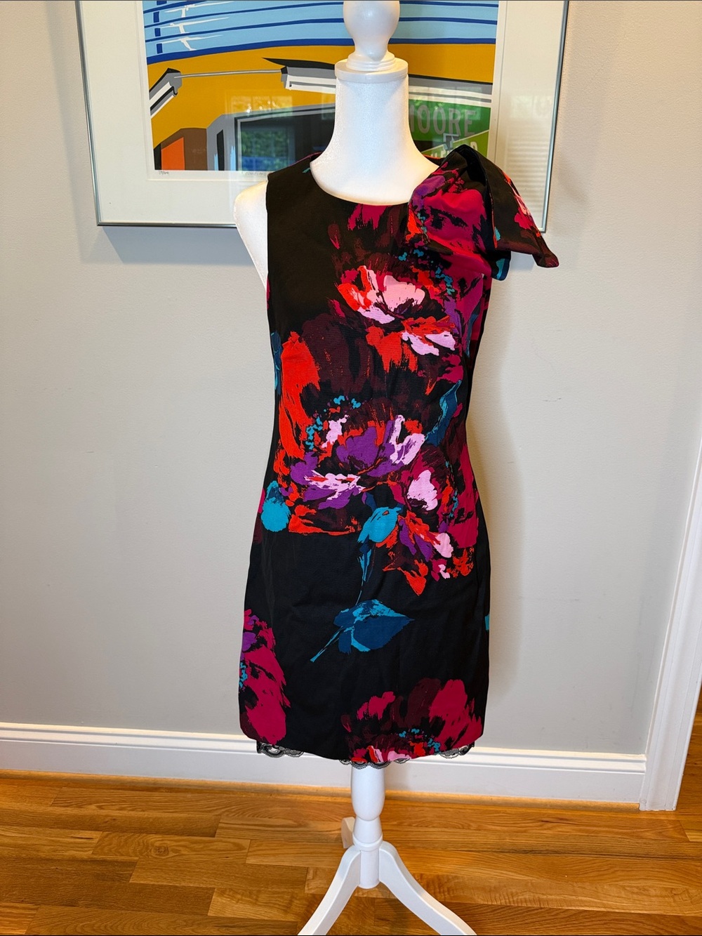 Trina Turk Black One-Shoulder Dress with Fuchsia, Red & Teal Floral Print
